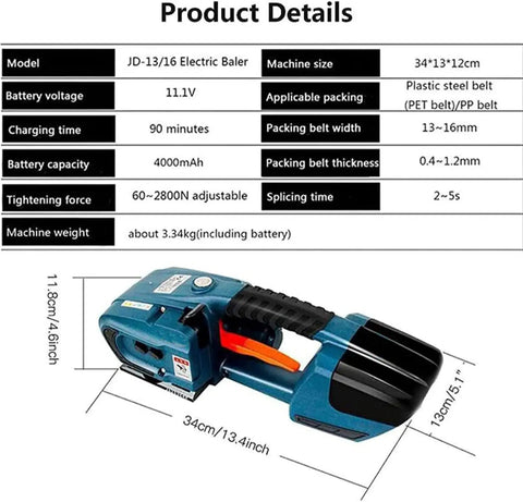 Heavy Duty Battery Powered Electric Strapping Machine For 13 To 16Mm Pp Pet Melting Tape in blue, showing battery specs and size details.