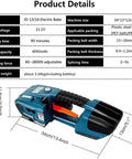 Heavy Duty Handheld Electric Pallet Strapping Machine Built Tough For Daily Grind With No Sweat Operation And Battery Powered Packing Solution For 13 To 16Mm Pp Pet Bands, showing dimensions and features.