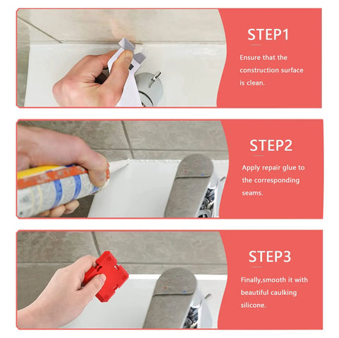 Three-step tutorial using 11 Piece Caulking Tool Kit With Sealant Finishing Tools for pro-grade sealing and clean edges.
