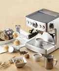 Automatic Bean To Cup Coffee Maker With An Efficient Steam Pump System delivering fresh coffee with snacks on a countertop.