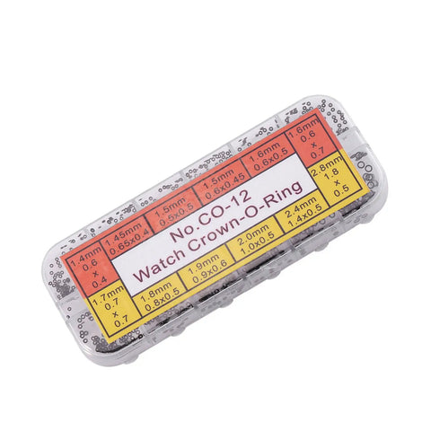 1.4 To 2.8mm Rubber O Rings Box Set With 12 Sizes displayed inside a clear plastic case for watch gaskets and mechanical repair.