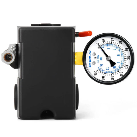 Air Compressor Pressure Switch Control Valve Kit 135-175 PSI 110V-240V 4-Way Replacement with 0-200 PSI Gauge