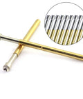 100Pcs P75-E2 Spring Test Probes Set With Conical Heads For PCB Testing, 1.3mm Tip, 1.02mm Tube, shown in cross arrangement