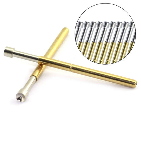 100Pcs P75-E2 Spring Test Probes Set With Conical Heads For PCB Testing, 1.3mm Tip, 1.02mm Tube, shown in cross arrangement