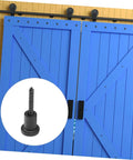 Barn Door Track Connector Accessory With Easy Install DIY Friendly Includes Pipe Clamp And Screws Carbon Steel Sliding Door Stopper Kit shown installed on blue barn doors