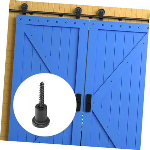 Barn Door Track Connector Accessory With Easy Install DIY Friendly Includes Pipe Clamp And Screws Carbon Steel Sliding Door Stopper Kit shown installed on blue barn doors