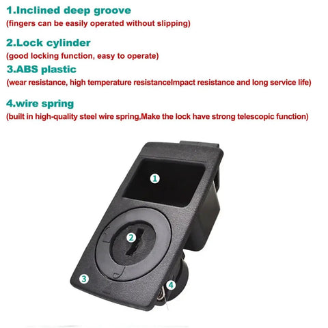Black Cabinet Door Lock And Drawer Latch Retractable Spring Loaded Panel Lock Built To Last Heavy Duty Security Hardware For Cabinets Office Home And Shop Uses 1 Piece XK149 2S with deep groove, lock cylinder, ABS plastic, wire spring