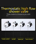 Top Shelf Thermostatic Shower System With Flush Mount Ceiling Head And Dual Massage Sprayers Featuring Sleek LED Display showing valve controls.
