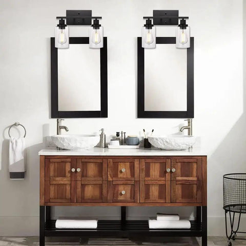 Bathroom with dual mirrors and Industrial Two Light Black Wall Sconce with Clear Glass Shade and Metal Base for Bathroom Vanity and Hallway Lighting, E26 Base Compatible, LED or CFL Under 60W Bulbs, Dope Vintage Style Fixture, Easy Install.