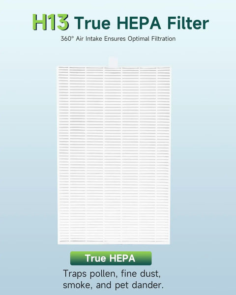 Large white H13 True HEPA filter for air purification, showcasing grid design for optimal filtration of pollen, dust, and dander.