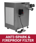 Heavy Duty Portable Metalworking Dust Collector Crushing Sawdust Clutter At 957 CFM with anti-spark filter and casters.