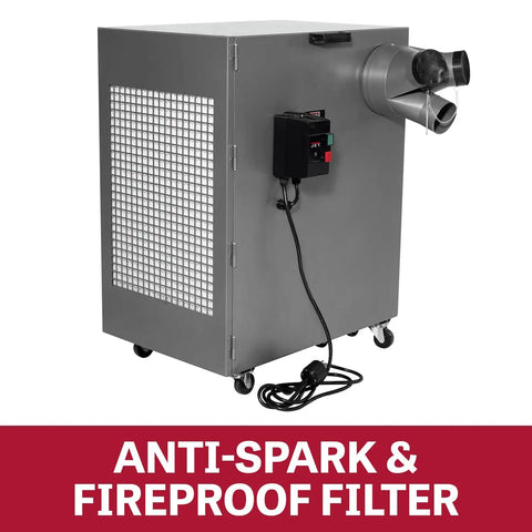 Heavy Duty Portable Metalworking Dust Collector Crushing Sawdust Clutter At 957 CFM with anti-spark filter and casters.