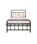 Super Heavy Duty Twin Metal Bed Frame With Vintage Victorian Headboard And Footboard In Matte Black Finish Built Like A Tank Zero Sag Quick Snap Assembly, front view with bedding.