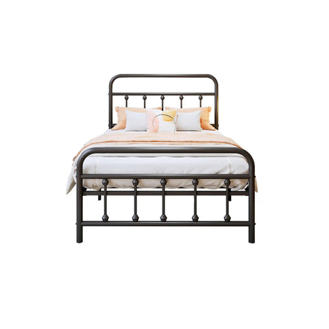 Super Heavy Duty Twin Metal Bed Frame With Vintage Victorian Headboard And Footboard In Matte Black Finish Built Like A Tank Zero Sag Quick Snap Assembly, front view with bedding.