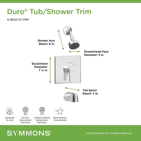 Diagram of Duro Tub And Shower Trim Kit With Single Handle Round Showerhead And 7 Inch Non Diverter Spout Polished Chrome 1.5 GPM Valve Not Included Solid Brass Lever For Easy Temperature Control Ultra Contemporary Bath Upgrade dimensions and features.