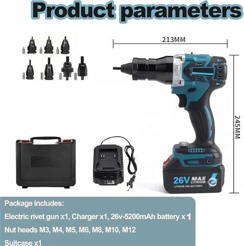 No Sweat Cordless Rivet Nut Gun M3 Through M12 Rechargeable Handheld Riveter with battery, charger, and multiple nut heads.