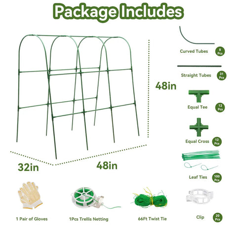 Arch Cucumber Trellis For Raised Beds, package contents including metal tubes, netting, gloves, and clips