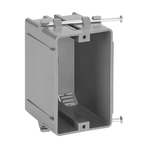 One Gang 18 Cu In Pvc Electrical Junction Box Gray Non Metallic Outlet Block For Switches And Dimmers 10 Pack side view with mounting screws.
