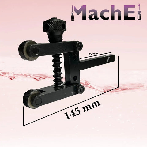 Side view of spring-loaded clamp knurling tool for lathes, two inch capacity, three-eighths inch shank, epoxy black, metal construction.