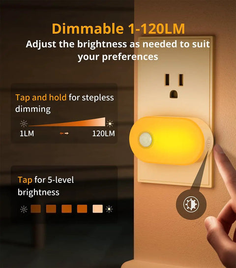 Amber 1800K Plug In Motion Sensor Night Light With Stepless Dimmable LED Always On Or Auto Off 120 Lumen 2 Pack in socket
