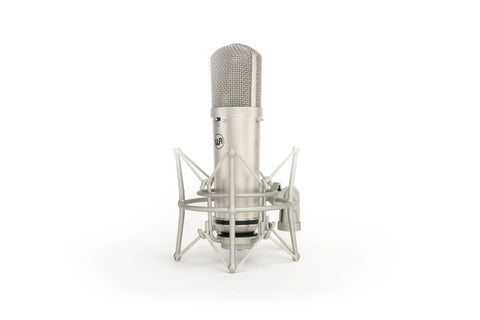 Front view of 87 Style Large Diaphragm Condenser Microphone with Shock Mount Nickel Finish Delivers Dope Studio Grade Sound For Vocals