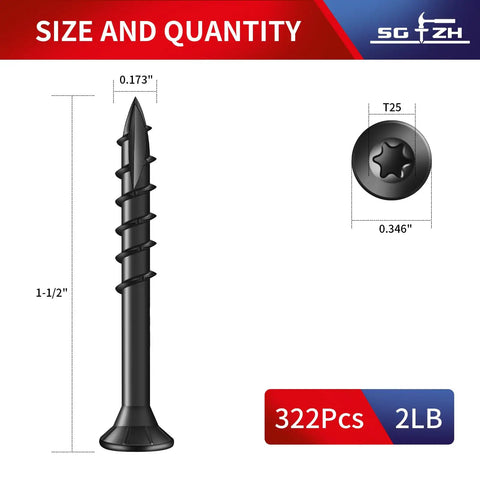 Heavy Duty Exterior Wood Deck Screws Built To Last Tough As Nails One And A Half Inch Flat Head Epoxy Coated Rust Resistant Carbon Steel T25 Star Bit 322 Pieces Pack Two Pound Set For Outdoor Decking And Fence Projects