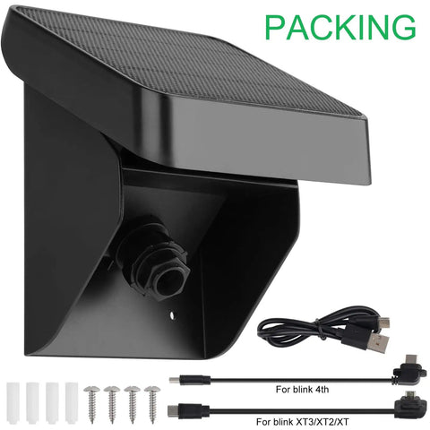 Packaging of Solar Panel Charging Mount For Blink Outdoor 4th Gen And XT3 XT2 Cameras with accessories and cables.