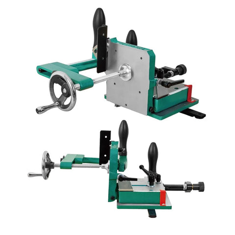 Rock Solid Woodworking Tenoning Jig With Adjustable Tenon Saw Fixture And Rear Support Plate For Hella Precise Cuts Through Thick Stock, front and side view showing controls.