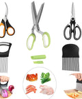 5-blade herb scissors with green handles, part of a multi-piece kitchen gadget set (scissors, crinkle cutter)