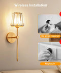 Sparkling Crystal Wall Sconces Set Of Two, Rechargeable Wireless Wall Lights With Remote, Dazzling Gold Touch Dimmer For Cozy Indoor Vibes, Quick Install Zero Wiring Drama, showcasing wireless installation on a wall.