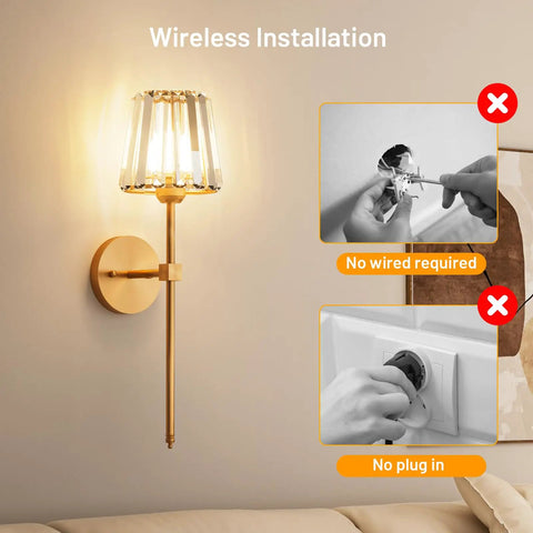 Sparkling Crystal Wall Sconces Set Of Two, Rechargeable Wireless Wall Lights With Remote, Dazzling Gold Touch Dimmer For Cozy Indoor Vibes, Quick Install Zero Wiring Drama, showcasing wireless installation on a wall.