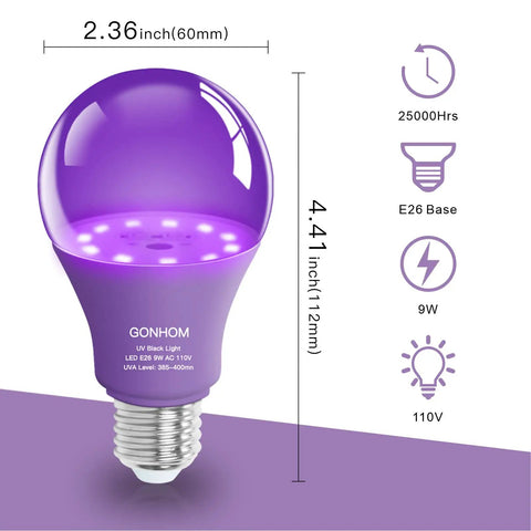 2 Pack A19 LED Black Light Bulbs Dimmable 9W Blacklight Bulbs 100W Equivalent E26 Base 110V UVA 385-400nm Glow In The Dark