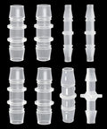 Plastic Hose Barb Fittings Pack Of Eight Barbed Adapters For Air Water And Fuel Lines In Sizes Three Sixteenths Inch One Quarter Inch Three Eighths Inch One Half Inch And Five Eighths Inch Durable Polypropylene, eight clear fittings shown.