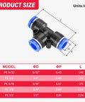 Luxdeng 6mm OD blue push-to-connect tee fitting; black body with blue end caps, 3 ports, angled view, pack of 10