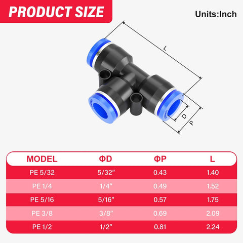 Luxdeng 6mm OD blue push-to-connect tee fitting; black body with blue end caps, 3 ports, angled view, pack of 10