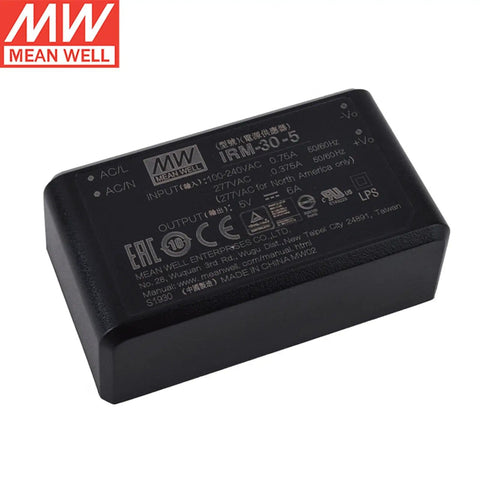 Beefy 30W AC-DC Power Module With 5V Output For PCB Mount Or Screw Terminal 5V 6A IRM-30-5ST compact black block