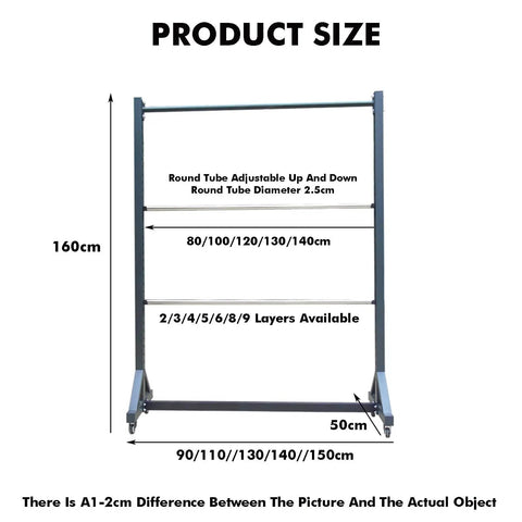 Heavy Duty Vinyl Roll Storage Rack With Wheels, 9 Layer Fabric Organizer Built Different To Handle 500 kg, Tough As Nails Steel Frame For Leather And Curtains, Portable Shop Essential size diagram showing dimensions and adjustable features.