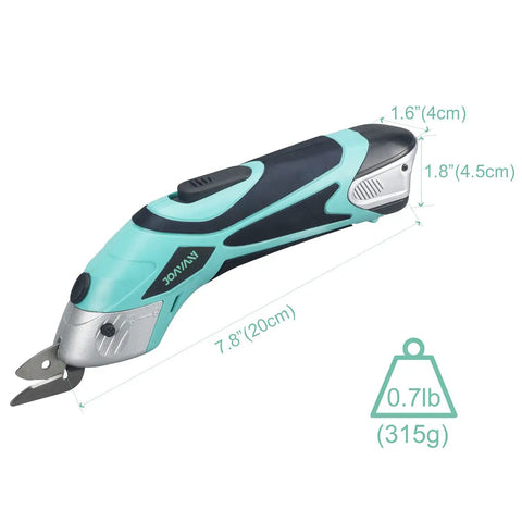 Joyani Cordless Electric Fabric Scissors For Sewing Cardboard And Carpet. Battery Operated Power Shears with blade dimensions.