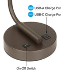 Base of Bedside Table Lamp With USB Port, modern dark bronze desk lamp, showing USB-A, USB-C ports and on-off switch.