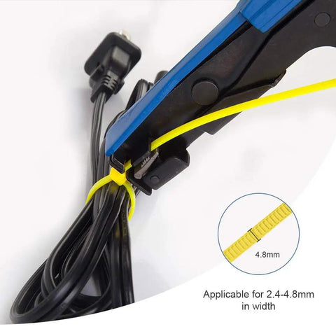 Pro Grade Cable Tie Gun For Nylon Tie Fastening And Precise Cutting Adjustable Tension For Mini To Heavy Duty Ties Blue Handle Durable Steel Blade Flush Cut Every Time For Clean Professional Cable Installations in use on black cables