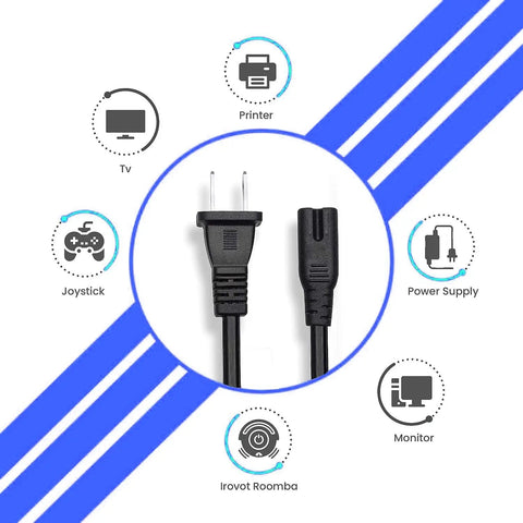 2 Prong 5Ft Power Cord For PlayStation And Xbox Consoles, Gamer Ready Replacement Cable, Compatible With PS5 PS4 PS4 Slim PS3 Slim Super Slim, Xbox Series S X, Xbox One S X, 18 AWG Figure 8 IEC320 C7 black cord with plug ends for TV, monitor, printer, joystick, and power supply