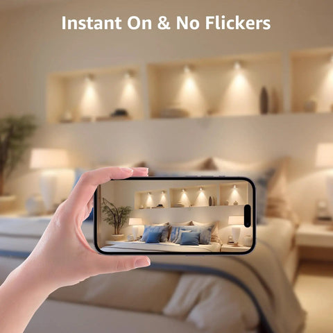 GU10 LED Bulbs Dimmable 5.5W 3000K Soft Warm Light 50W Halogen Equivalent spotlight illuminating a cozy bedroom scene