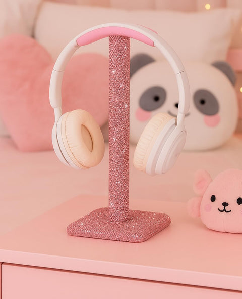 Pink Rhinestone Headphone Stand For Gamer Desk Setup With Soft Headrest Crystal Headset Holder Kawaii Bling Desk Accessory Cute