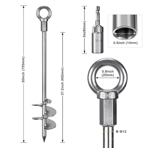 30 Inch Ground Screw In Anchors Heavy Duty 12mm Solid Steel With 3 Inch Spiral Blade dimensions and features