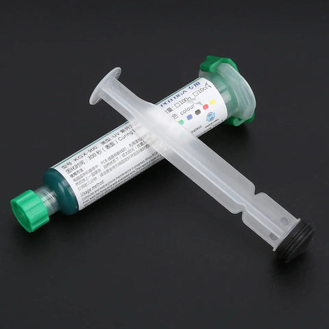 Green Solder-Resist Ink Kit For PCB Repair, 10cc Curing Ink With Pusher Needle on black background.
