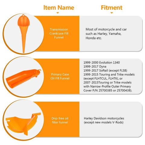 Oil Filter Wrench And Oil Change Kit For Harley Davidson With Drip Free Primary Funnel And Crankcase Tools, model list