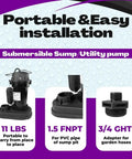 Portable installation details for Half HP Submersible Sump Pump With Vertical Float Switch For Clean Or Dirty Water.