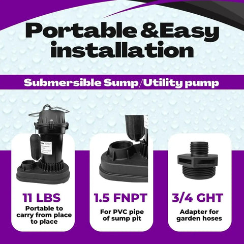 Portable installation details for Half HP Submersible Sump Pump With Vertical Float Switch For Clean Or Dirty Water.