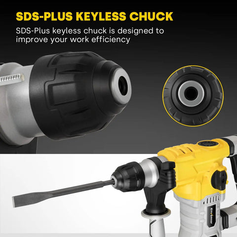 Close-up of SDS-Plus keyless chuck on Heavy Duty 1-1/4 Inch SDS Plus Rotary Hammer Drill For Concrete And Stone, 12 Amp Electric