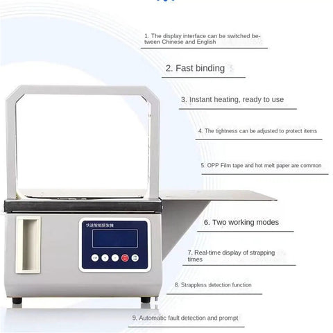 Automatic Omnidirectional Sausage Strapping Machine For Supermarket Vegetables And Food with control panel, ready for use.